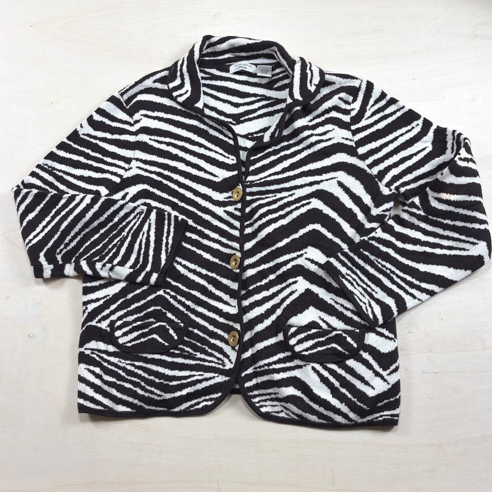 Laura Ashley Petite Zebra Print Cardigan Sweater Jacket Black White PL